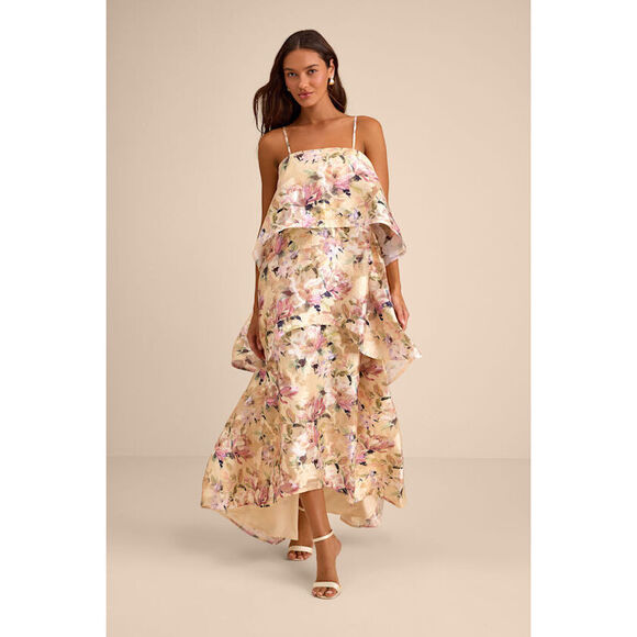 Lulus Dresses & Skirts - Lulus Daneli Yellow Multi Floral Jacquard Tiered Maxi Dress - Size M